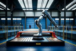 a robotic arm is sitting on a conveyor belt. AI-Generated photo