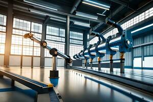 robots in a factory with a conveyor belt. AI-Generated photo