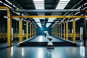 a robot is standing in a factory with yellow walls. AI-Generated photo