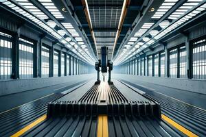 a long metal conveyor belt in a warehouse. AI-Generated photo