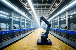 a robot is standing in a factory with a long conveyor belt. AI-Generated photo