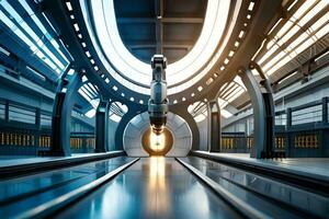 a futuristic tunnel with a light coming out of it. AI-Generated photo