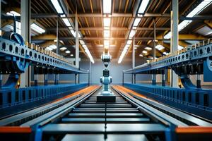 a robot is walking along a conveyor belt in a factory. AI-Generated photo