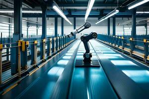 a robot is moving along a conveyor belt in a factory. AI-Generated photo