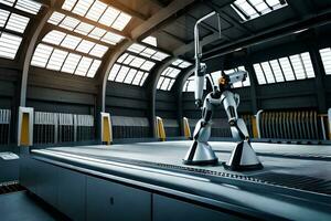 un robot es en pie en un grande metal plataforma. generado por ai foto