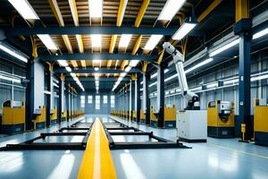 a large warehouse with yellow and black machines. AI-Generated photo