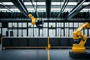 robots in a factory with a large warehouse. AI-Generated photo