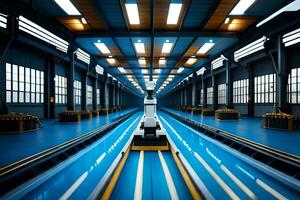 a long blue conveyor belt in a factory. AI-Generated photo