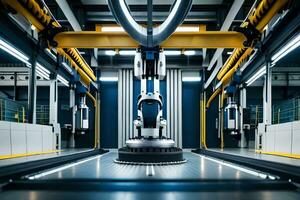 robotic arm in a factory with a conveyor belt. AI-Generated photo