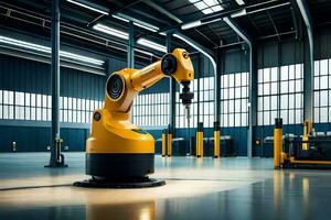 a yellow industrial robot in a large warehouse. AI-Generated photo