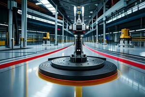 a robot is sitting in a factory with a conveyor belt. AI-Generated photo