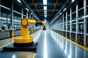 a robotic arm is in the middle of a factory. AI-Generated photo