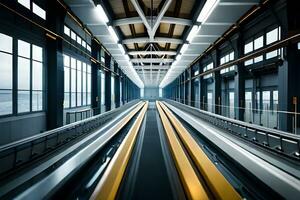 a long escalator in a building with yellow and black stripes. AI-Generated photo