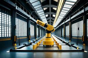 a yellow industrial robot is sitting in a warehouse. AI-Generated photo