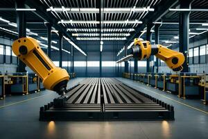 robots in a factory with a conveyor belt. AI-Generated photo