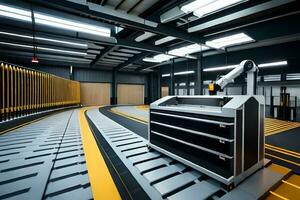 a large warehouse with a robotic arm and a conveyor belt. AI-Generated photo