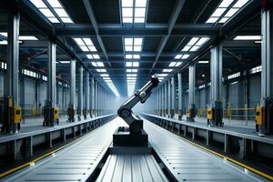 a robot is standing in a factory with a conveyor belt. AI-Generated photo