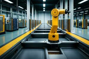 a robotic arm is in a factory with many machines. AI-Generated photo