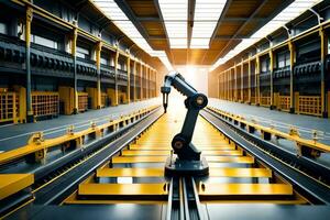 an industrial robot is standing in a warehouse. AI-Generated photo