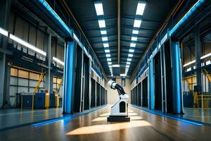 a robot is standing in the middle of a warehouse. AI-Generated photo