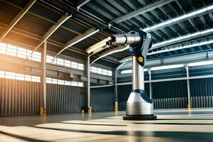 a robot is standing in a large warehouse. AI-Generated photo