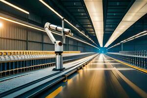 a robot is moving along a conveyor belt in a factory. AI-Generated photo