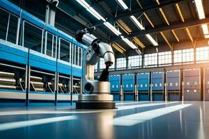 a robot is standing in front of a large warehouse. AI-Generated photo