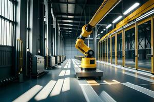 a robotic arm is moving in a large warehouse. AI-Generated photo