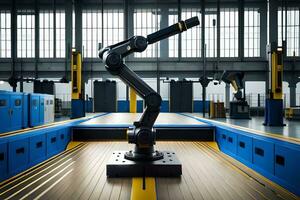 a robotic arm is sitting on a table in a factory. AI-Generated photo