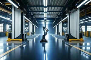 a robot is standing in a warehouse with a light shining on it. AI-Generated photo