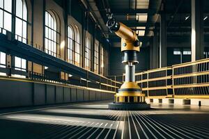un amarillo industrial robot es en pie en un grande depósito. generado por ai foto