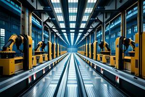 un largo línea de amarillo robots en un fábrica. generado por ai foto