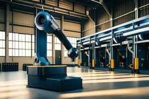 a robotic arm in a factory with a large machine. AI-Generated photo