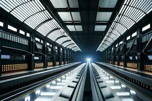 un largo tren pista con luces en él. generado por ai foto