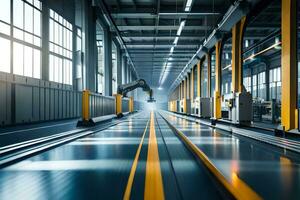 a long, empty factory with yellow lines and machinery. AI-Generated photo