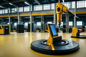 robotic arm in a factory with yellow and black machines. AI-Generated photo
