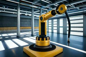 un amarillo industrial robot es sentado en un habitación. generado por ai foto