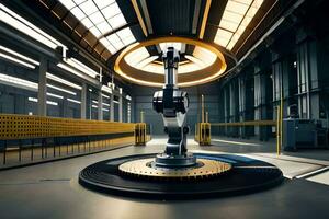 a robot is sitting in a factory with a circular light. AI-Generated photo