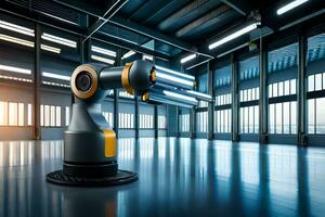 a robot in a large warehouse with a lot of lights. AI-Generated photo