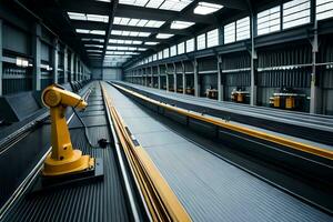 a yellow robot is sitting on a conveyor belt. AI-Generated photo