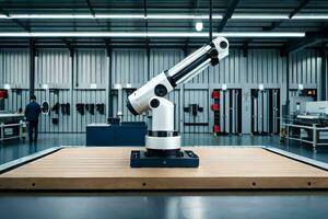 a robotic arm is sitting on a table in a factory. AI-Generated photo