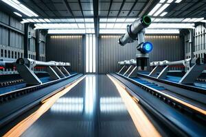 a long line of automated conveyor belts in a factory. AI-Generated photo