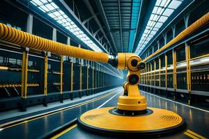 a yellow robot is moving through a warehouse. AI-Generated photo