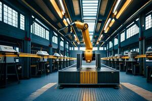 a large industrial robot is sitting in a factory. AI-Generated photo