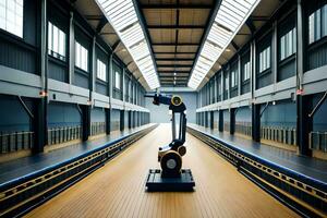 a robot is walking through a large building. AI-Generated photo