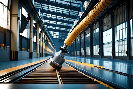 un robot es Moviente un grande objeto en un transportador cinturón. generado por ai foto