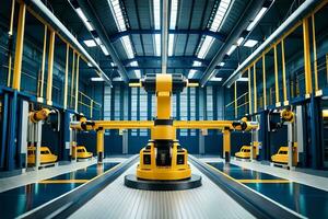 robots en un fábrica con amarillo y azul luces. generado por ai foto