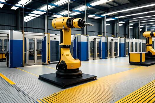 robots in a factory setting with yellow floors. AI-Generated photo