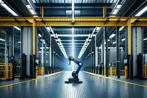a robot standing in a warehouse with a light shining on it. AI-Generated photo