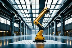 a robotic arm in a large warehouse with a large window. AI-Generated photo